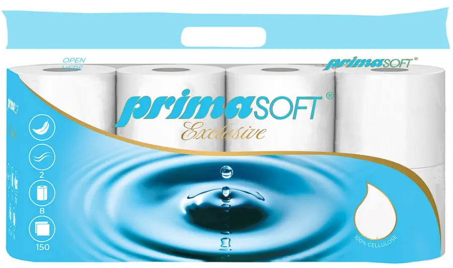Toaletní papír PrimaSoft exlusive 8ks, 2 vrstvý, 150 útržků, 17,55m, cel.