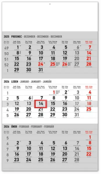 Kalendář nástěnný 3měsíční standard šedý – s českými jmény 2026, 29,5 x 43 cm