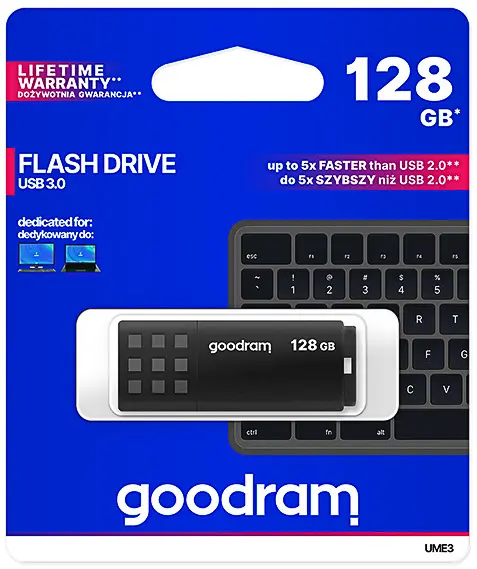Goodram USB flash disk, USB 3.0, 128GB, UME3, černý, UME3-1280K0R11, USB A, s krytkou