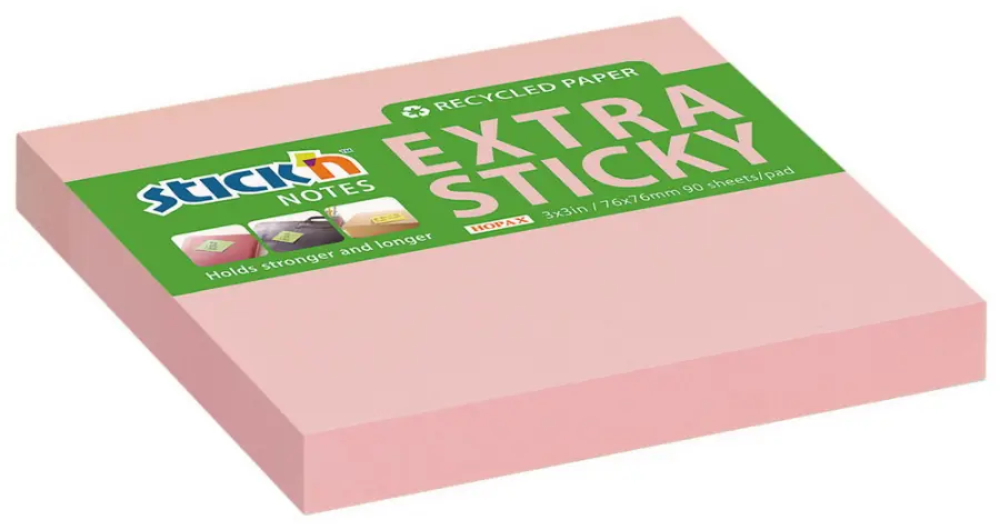 Samolepicí bloček Stick'n by Hopax EXTRA STICKY, 76 x 76 mm, pastel. růžový, 90 lístků