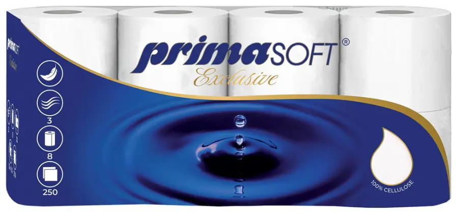 Toaletní papír PrimaSoft exlusive 8ks, 3 vrstvý, 250 útržků, 30m, cel.