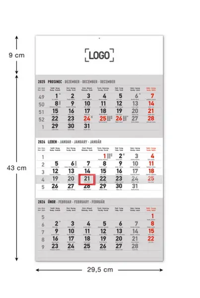 Kalendář nástěnný 3měsíční standard šedý – s českými jmény 2026, 29,5 x 43 cm