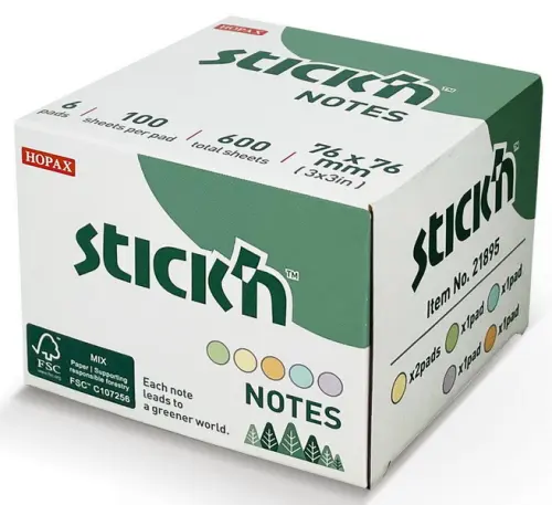 Samolepicí bloček FSC 76 x 76 mm 6 x 100 ks pastelový mix