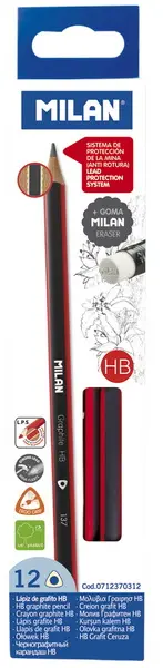 Tužka grafitová Milan HB s pryží 12 ks