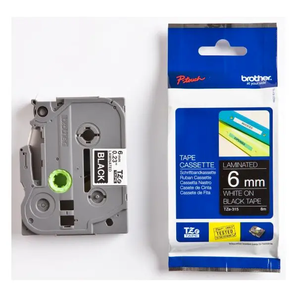 Páska do štítkovačů Brother TZE-315, bílý tisk/černý podklad, laminovaná, 8m, 6mm