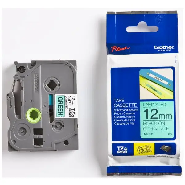 Páska do štítkovačů Brother TZE-731, černý tisk/zelený podklad, laminovaná, 8m, 12mm