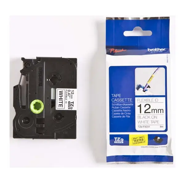 Páska do štítkovačů Brother TZE-FX231, černý tisk/bílý podklad, laminovaná, 8m, 12mm, flexibilní
